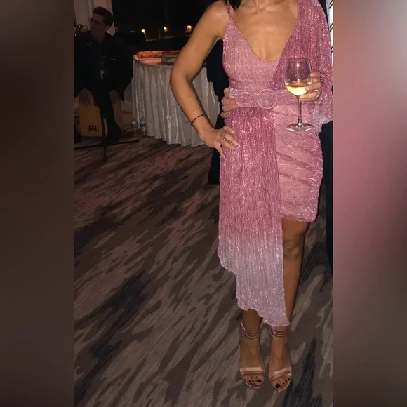 PatBO Metallic Ombré one-shoulder belted mini dress. - Picture 4 of 5